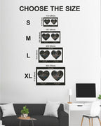 Size chart for heart-shaped wall decal with living room setting