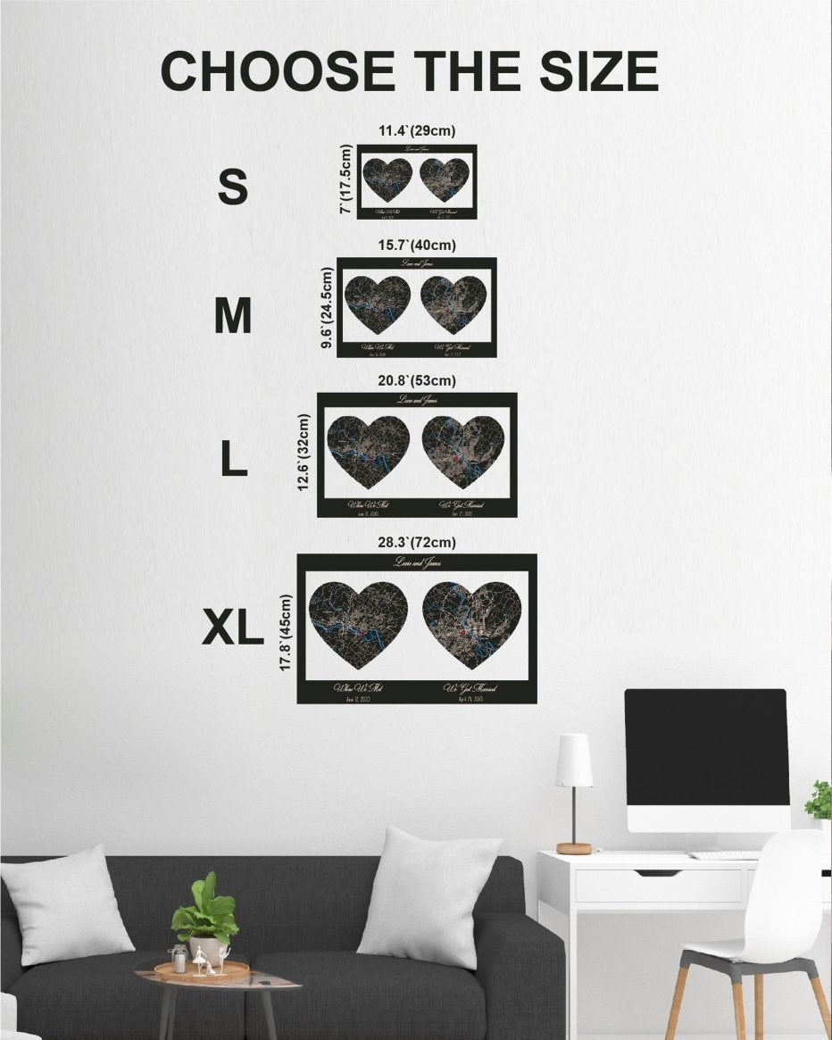 Size chart for heart-shaped wall decal with living room setting