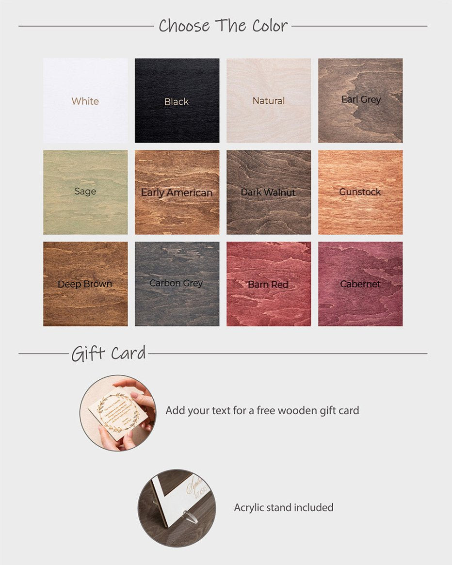Color swatch for wooden gift cards with various wood finishes and options to add text.
