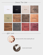 Color swatch for wooden gift cards with various wood finishes and options to add text.