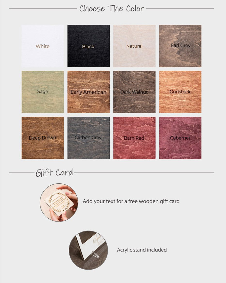 Color swatch for wooden gift cards with various wood finishes and options to add text.