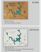 Two versions of a Lake Texoma map design on a gray background, one labeled 'Blank' and the other 'Detailed'.