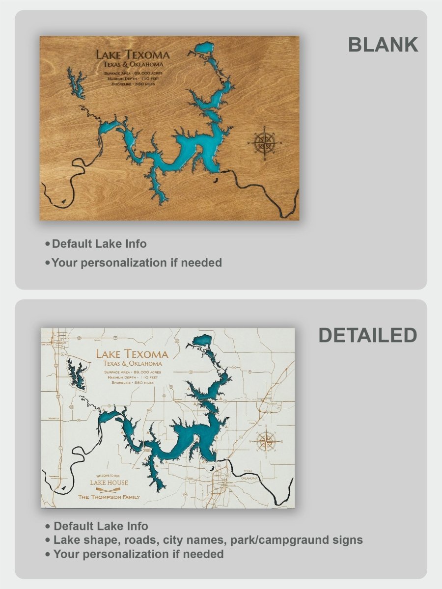 Two versions of a Lake Texoma map design on a gray background, one labeled 'Blank' and the other 'Detailed'.