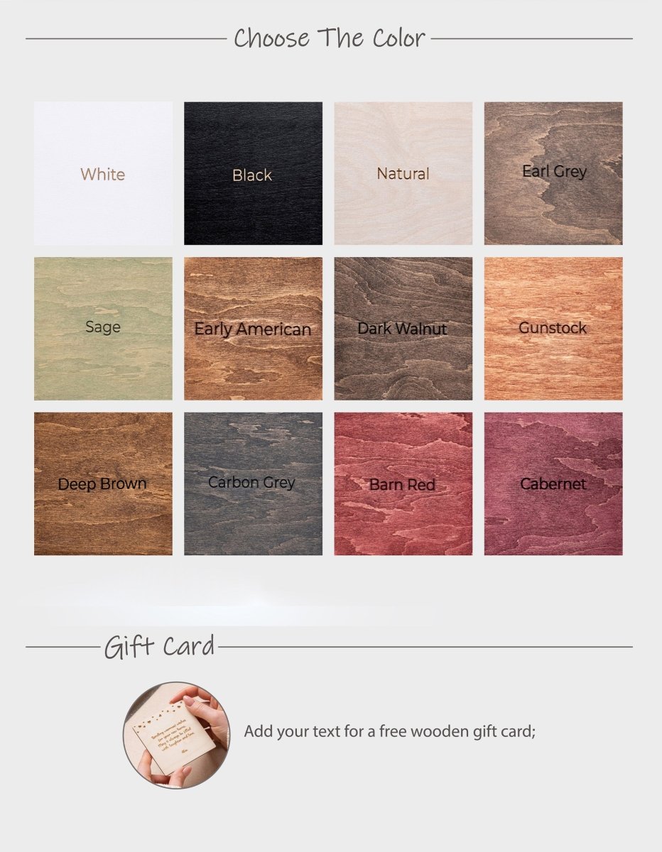 Color swatch chart with various wood tones and a gift card option.