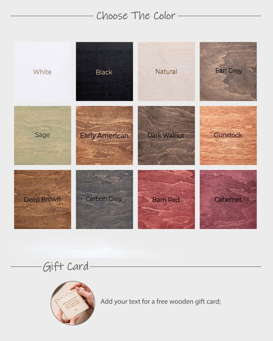 Color swatch chart with various wood tones and a gift card option.