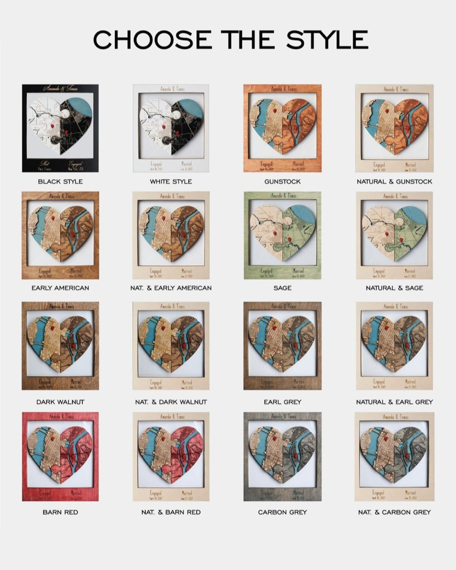 Collection of heart-shaped products with various color and style options on a white background.