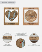 Personalized map art with customizable text and location details on a white background.