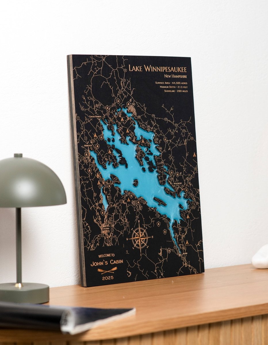 Custom Wood 3D Lake Map With Epoxy Resin - Lake Winnipesaukee