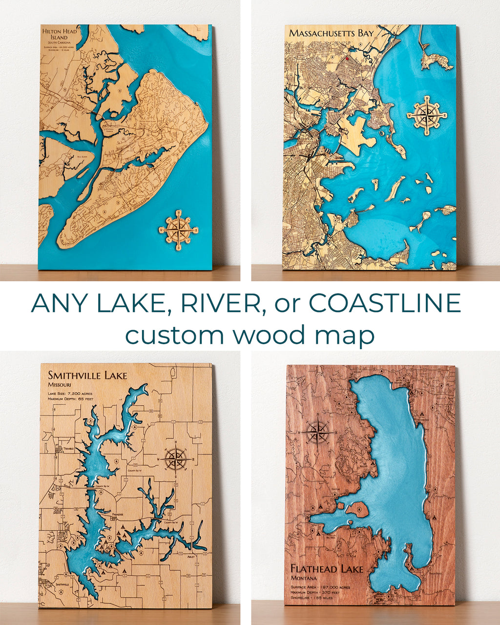Collage of custom wood maps of different lakes and coastlines with text 'Any Lake, River, or Coastline Custom Wood Map'.