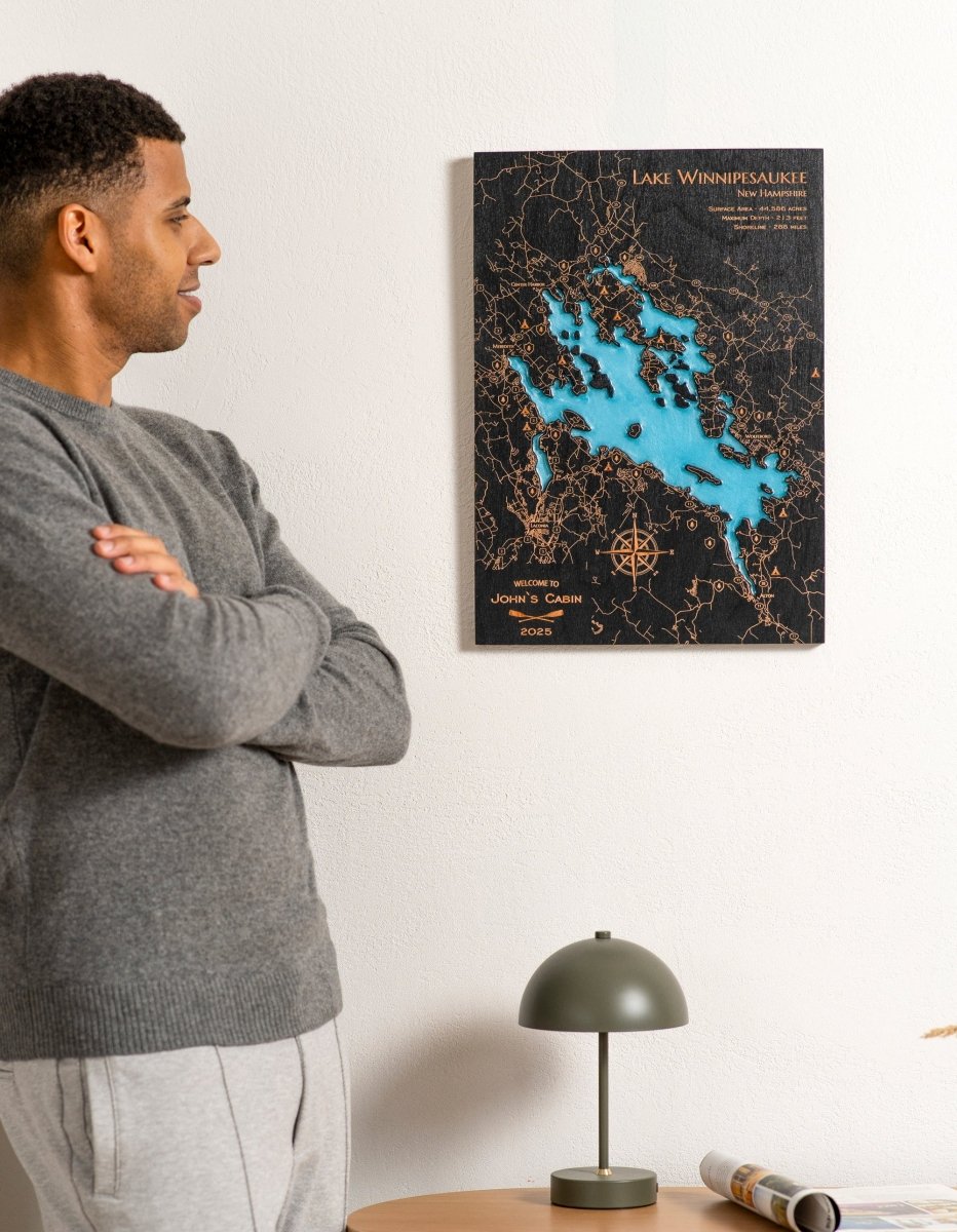 Custom Wood 3D Lake Map With Epoxy Resin - Lake Winnipesaukee