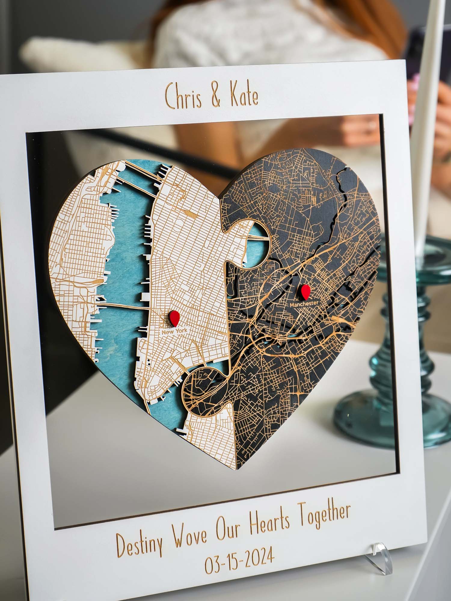 Two Locations Heart Puzzle Map Newlywed Gift