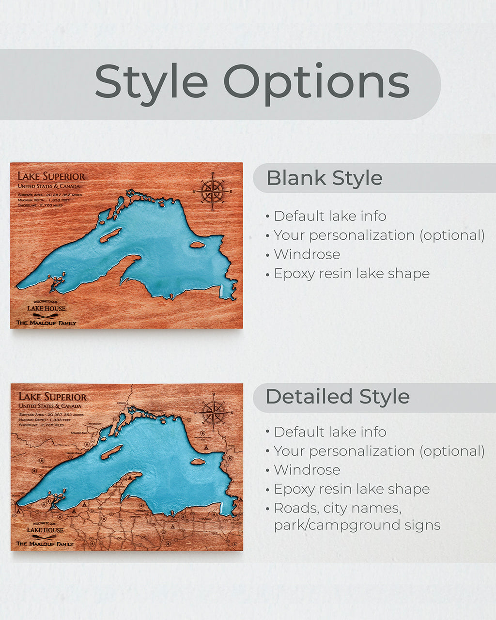 Comparison of 'Blank Style' and 'Detailed Style' for lake map designs on a wooden surface.