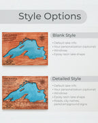 Comparison of 'Blank Style' and 'Detailed Style' for lake map designs on a wooden surface.