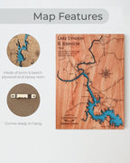 Wooden map of Lake Lyndon B. Johnson, Texas with text about material and hanging feature.