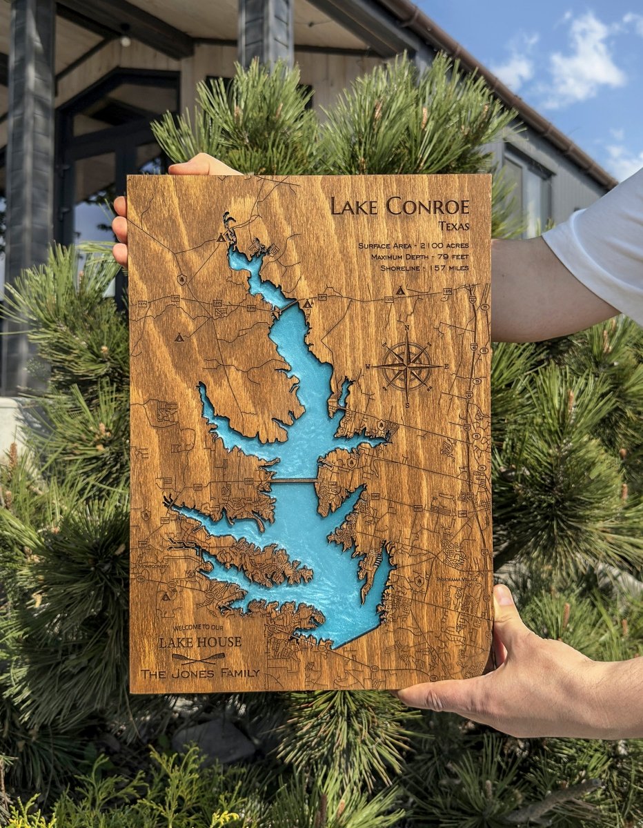 Custom Wood 3D Lake Map With Epoxy Resin - Lake Conroe