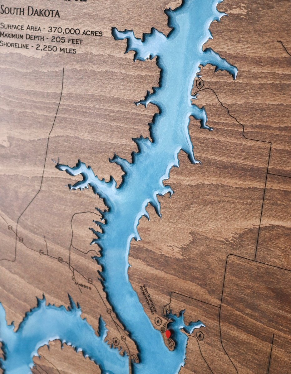Custom Wood 3D Lake Map With Epoxy Resin - Lake Oahe