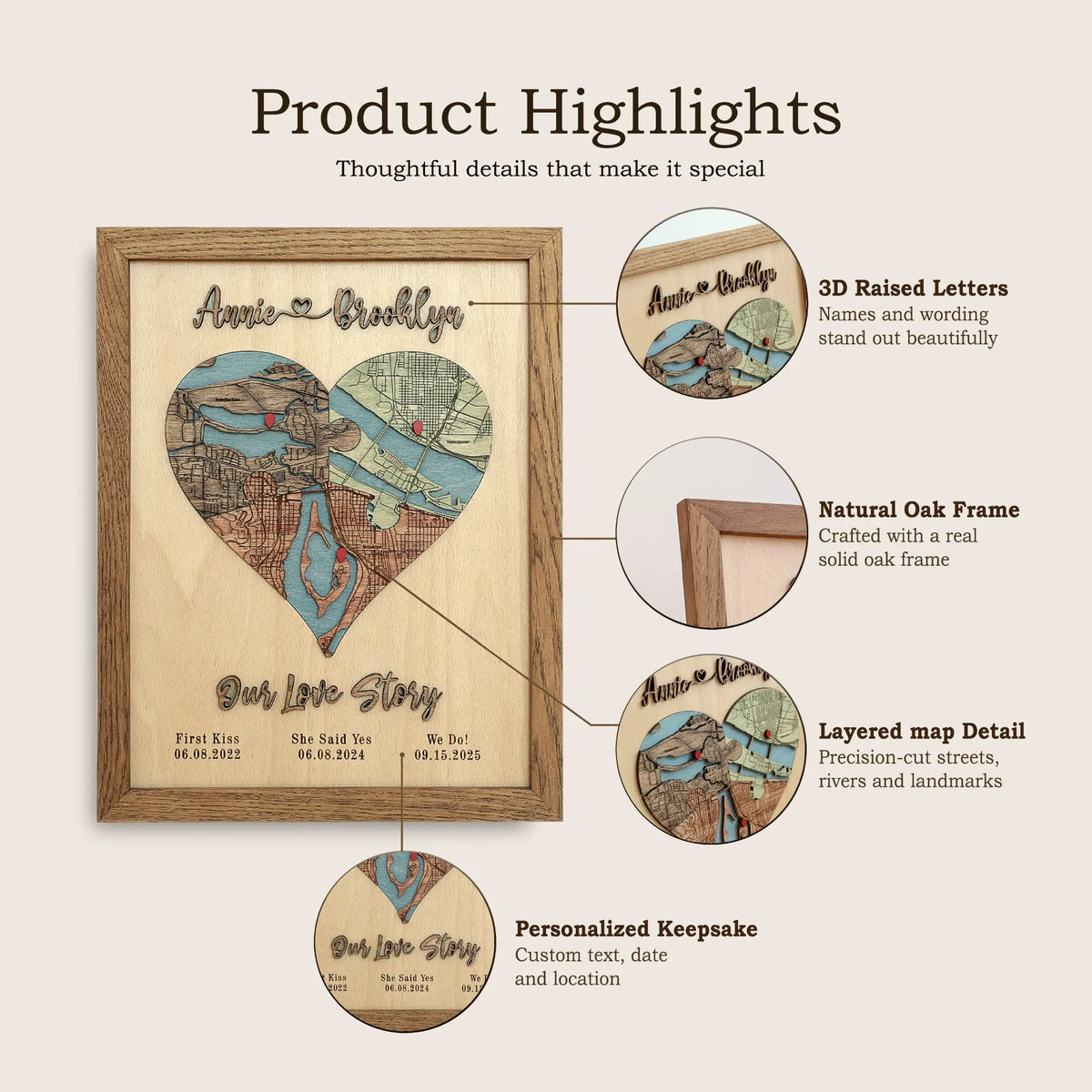 Wooden map feature guide showing raised lettering, a solid oak frame, layered map details and personalized wording.