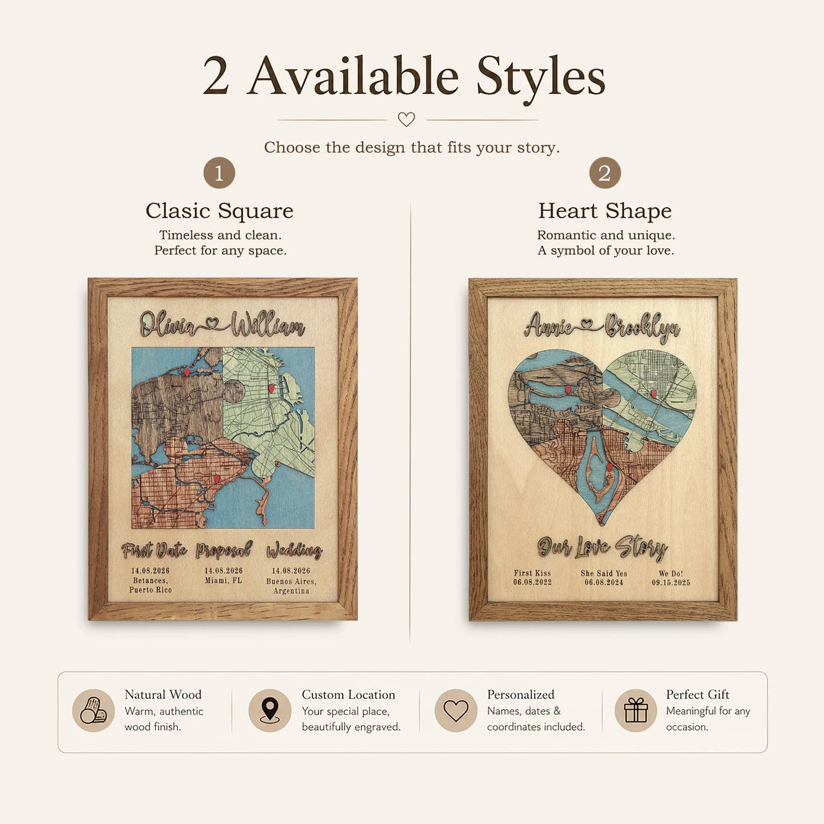 Classic Square and Heart Shape three-location wooden maps shown side by side in oak frames.