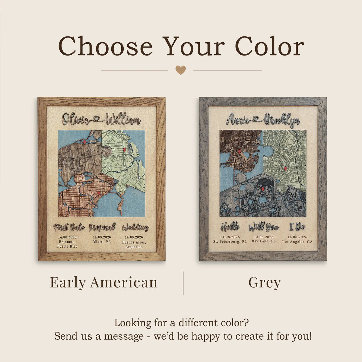 Early American and Grey oak frame finishes shown on personalized three-location wooden maps.