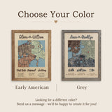 Early American and Grey oak frame finishes shown on personalized three-location wooden maps.