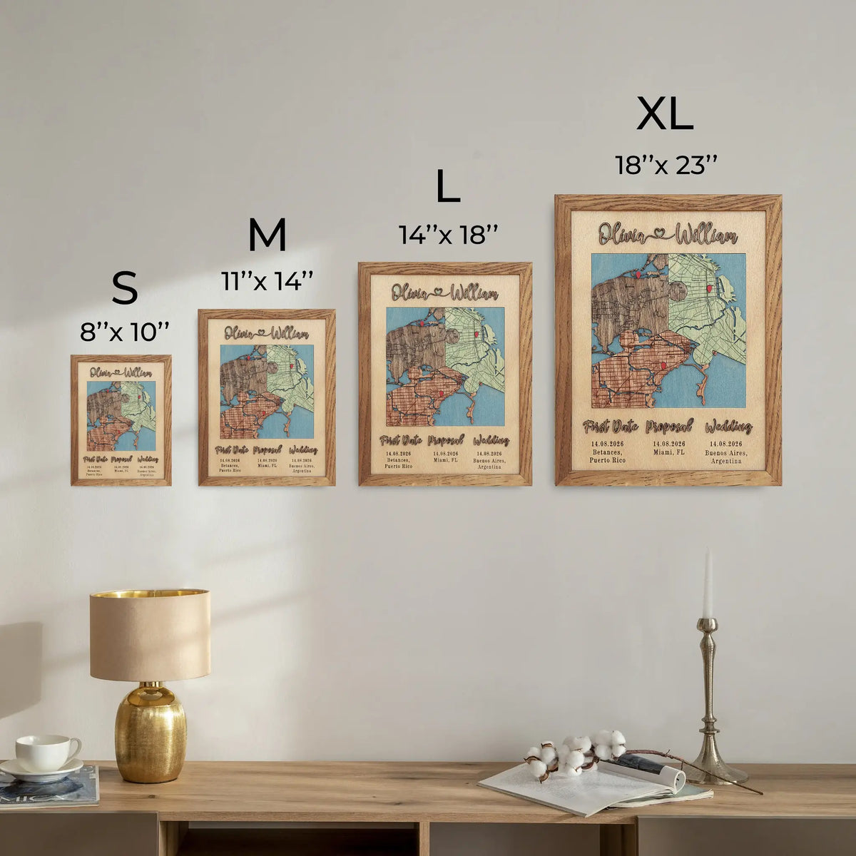 Wooden map size guide: S 8 by 10 inches, M 11 by 14 inches, L 14 by 18 inches, and XL 18 by 23 inches.