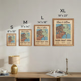 Wooden map size guide: S 8 by 10 inches, M 11 by 14 inches, L 14 by 18 inches, and XL 18 by 23 inches.