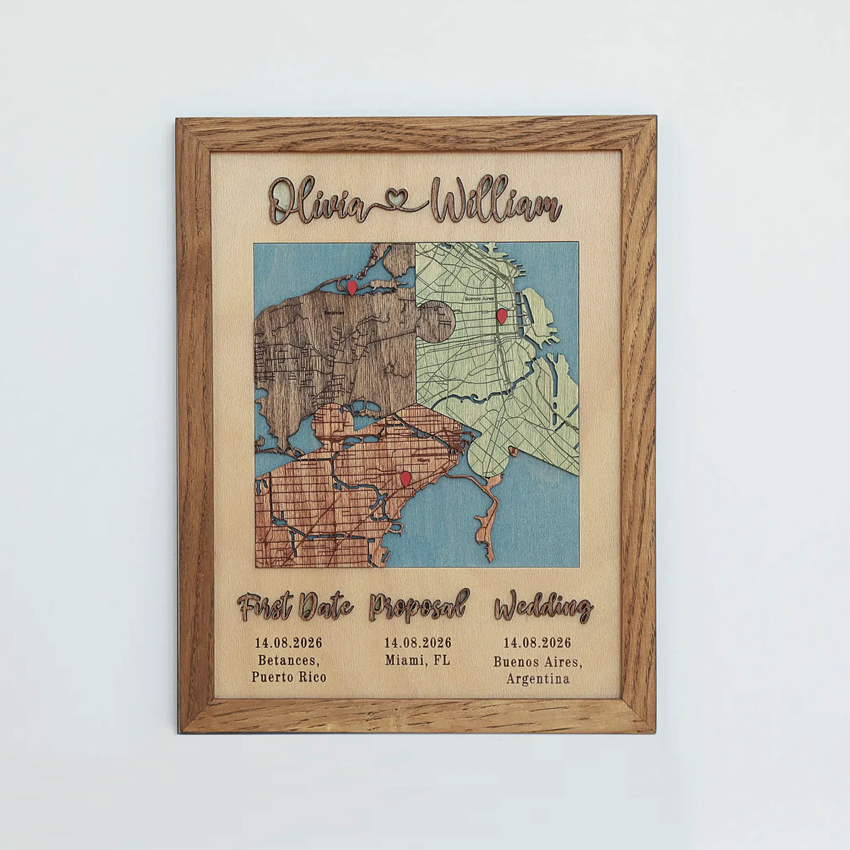 Classic Square three-location wooden map in an Early American oak frame with First Date, Proposal and Wedding labels.