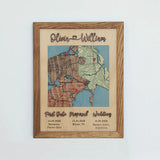 Classic Square three-location wooden map in an Early American oak frame with First Date, Proposal and Wedding labels.