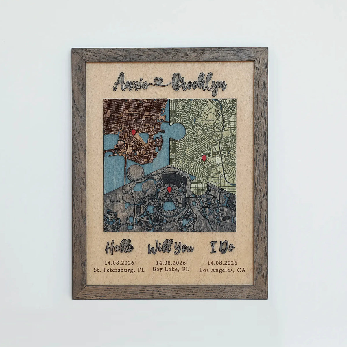 Classic Square three-location wooden map in a Grey oak frame with raised names and Hello, Will You, I Do labels.