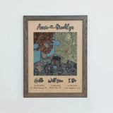 Classic Square three-location wooden map in a Grey oak frame with raised names and Hello, Will You, I Do labels.