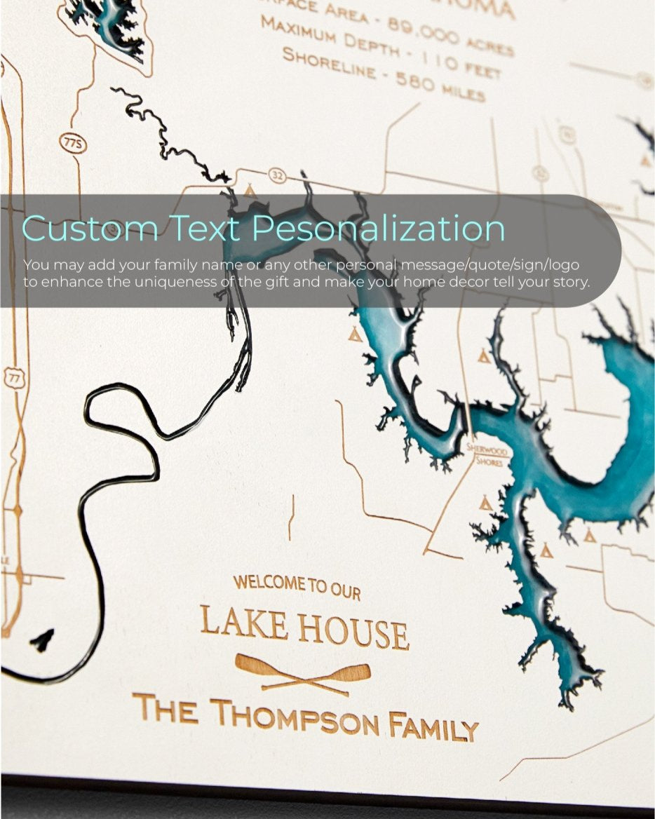 Personalized lake house sign with customizable text on a map background