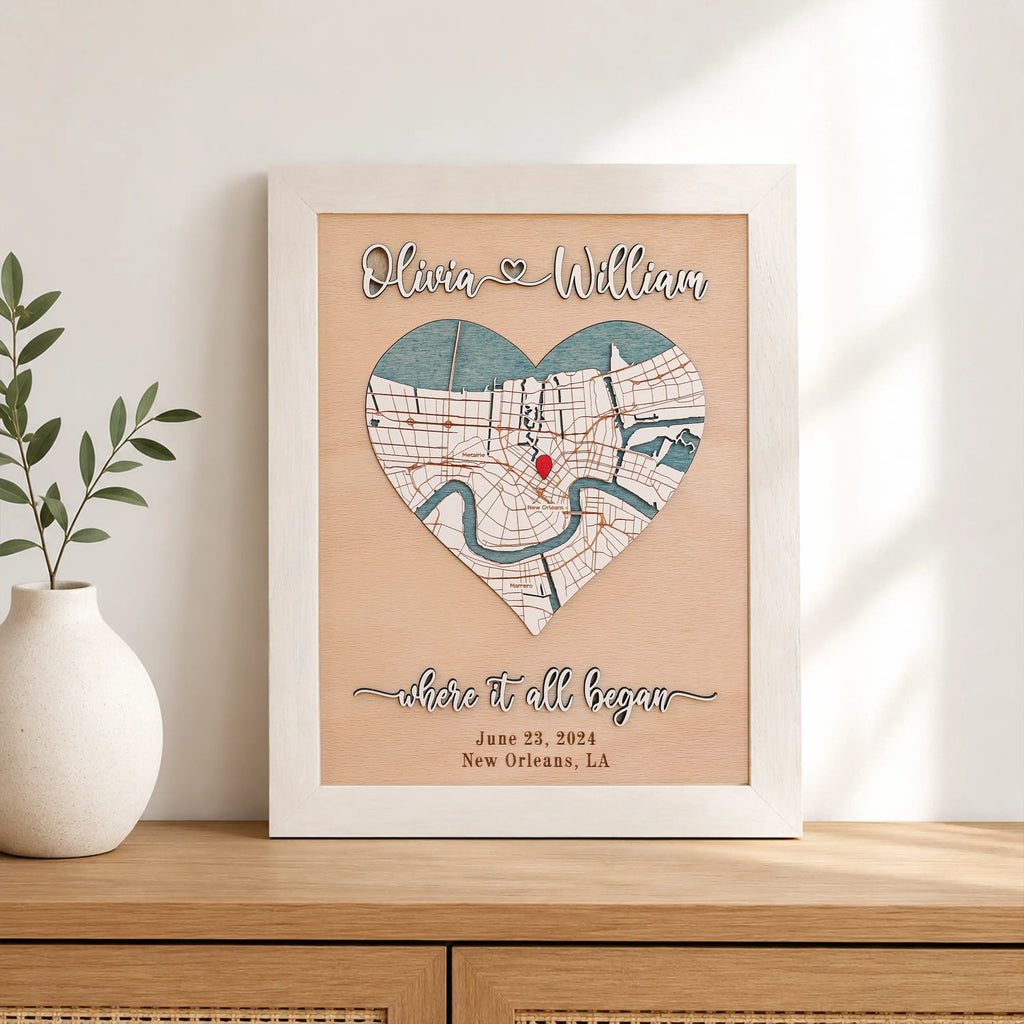 3D wooden Where It All Began map in a white frame, personalized anniversary keepsake with heart-shaped New Orleans location map and couple names