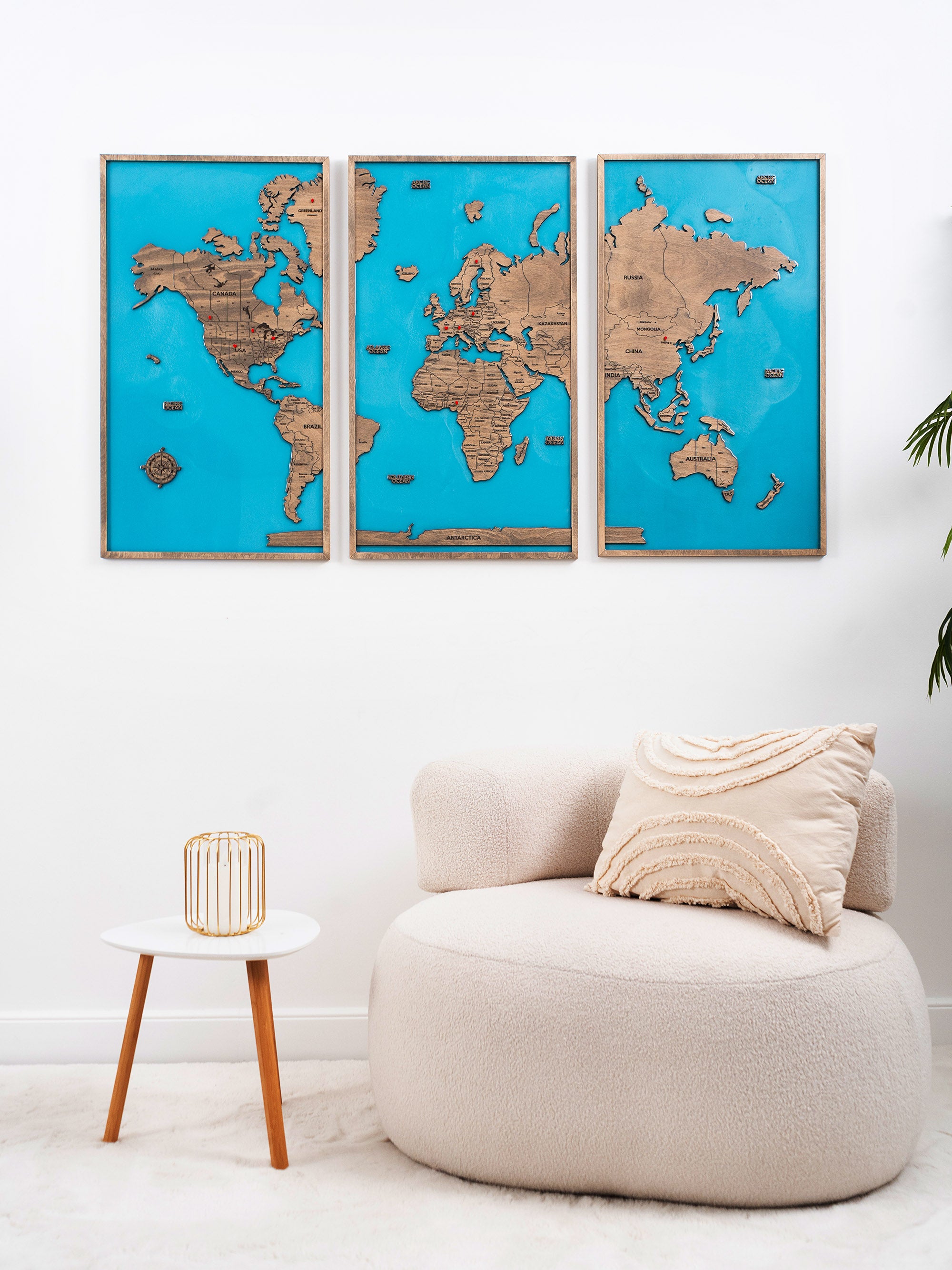 3D wooden world map earl grey wood and blue epoxy resin on the wall