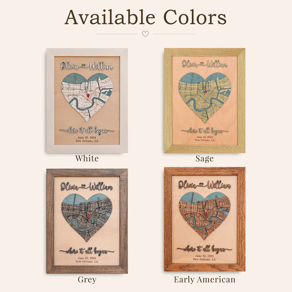 Available colors chart for personalized wooden map wall art showing four frame finishes: White, Sage, Grey, and Early American.