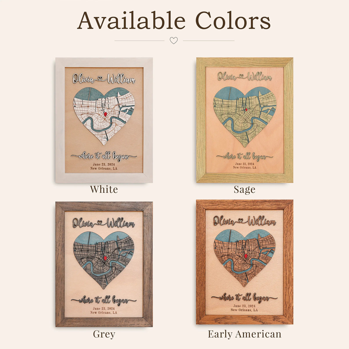 Available colors chart for personalized wooden map wall art showing four frame finishes: White, Sage, Grey, and Early American.