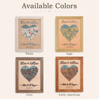 Available colors chart for personalized wooden map wall art showing four frame finishes: White, Sage, Grey, and Early American.