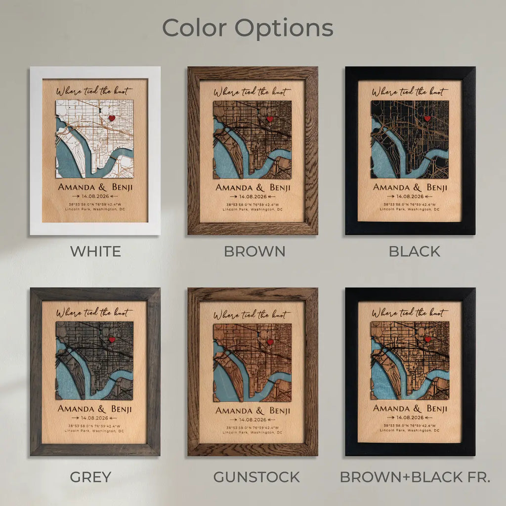 Framed map with color options on a gray background