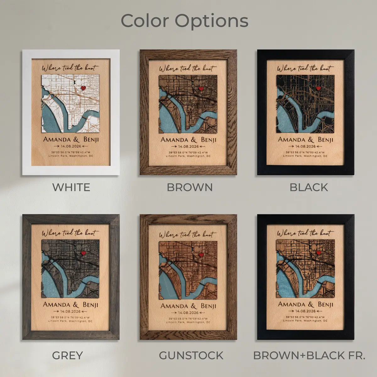 Framed map with color options on a gray background