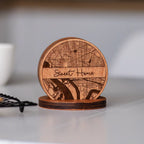 Custom engraved wooden coasters gift set with holder displayed on table for a personalized home gift