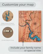 Wooden map of Lake Lyndon B. Johnson with text and customization options.