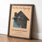 "New Home New Beginnings" personalized 3D wooden map in house shape with solid oak frame.