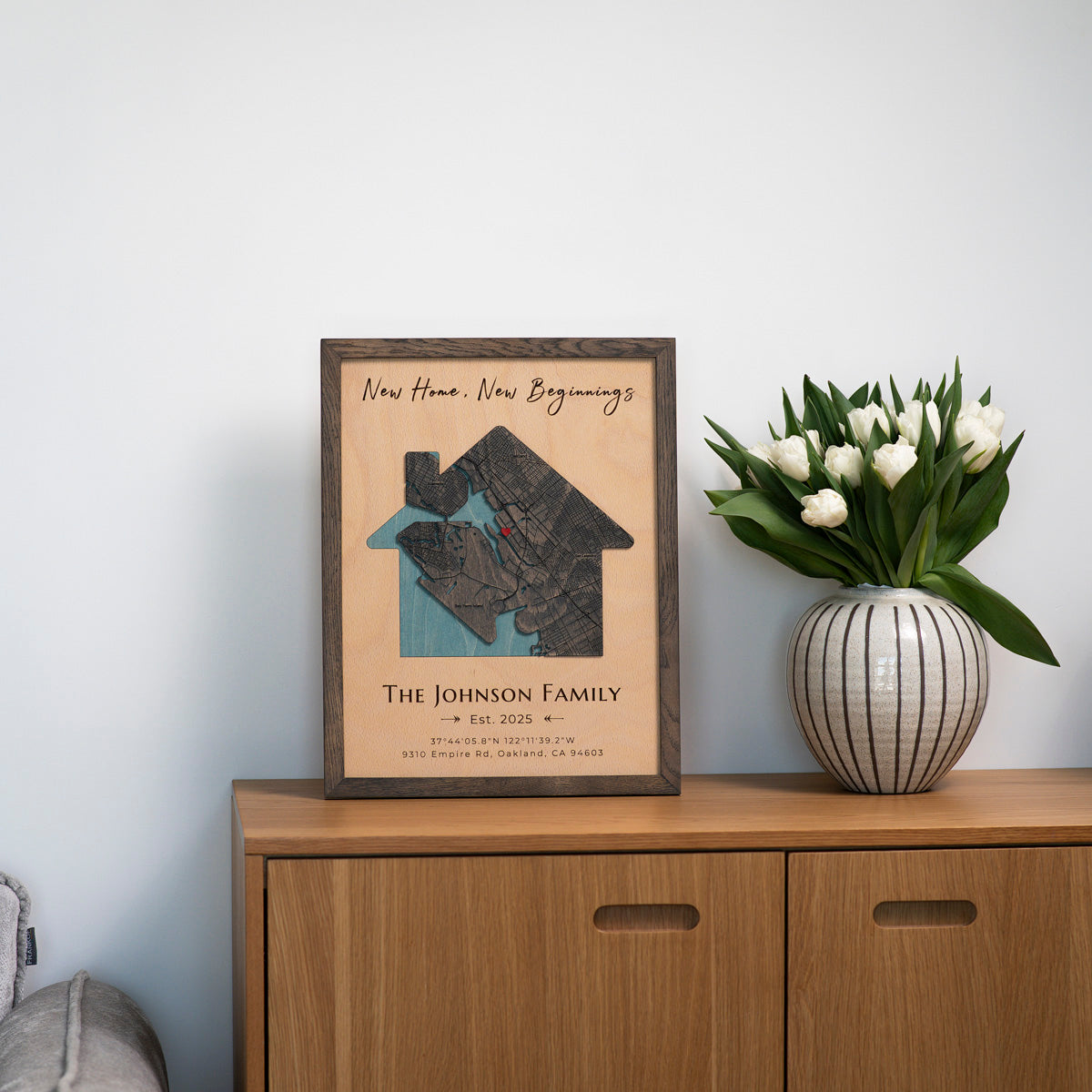 House shaped custom map sign new home new beginnings.