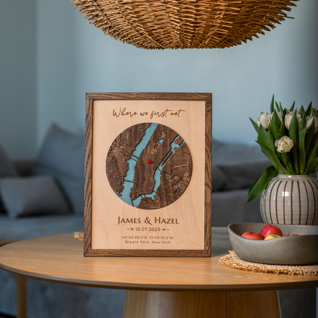 Framed 3D personalized wooden map wall art displayed in modern living room decor