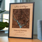 Personalized framed coordinates map in oak wood frame on tabletop display