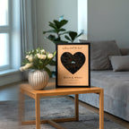 Framed map of the heart with personalized text on a wooden side table in a living room.