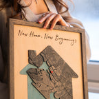 Close up detail of 3D layered birch plywood map showing street lines and water features