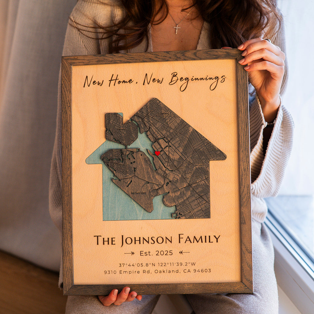 Unique realtor closing gift custom wooden map with address for new homeowners.