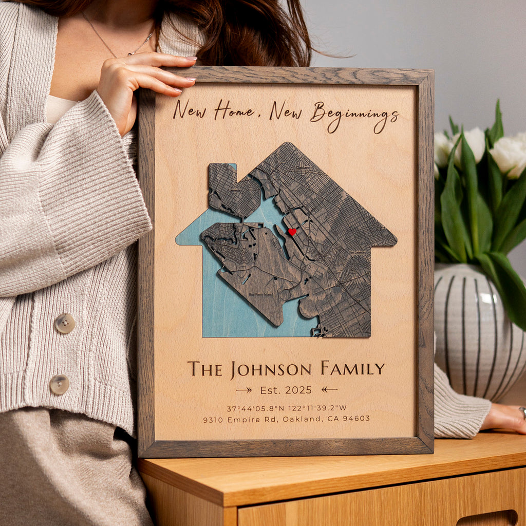 custom Housewarming gift wood map wall art with specific address coordinates.