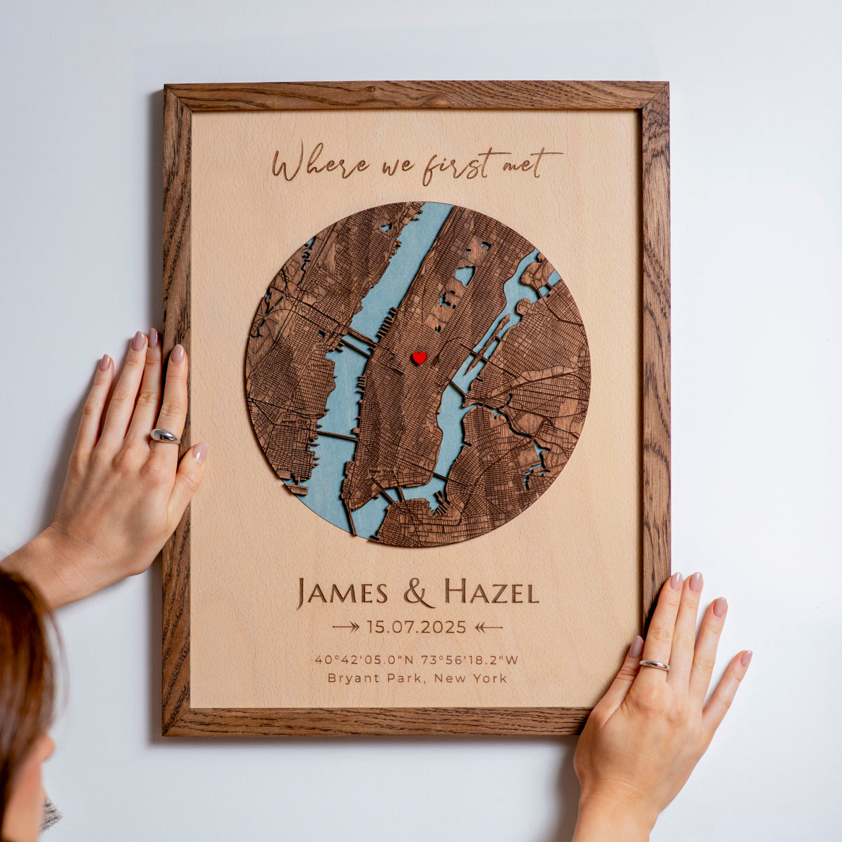 Personalized wooden map with names and date engraved under custom location