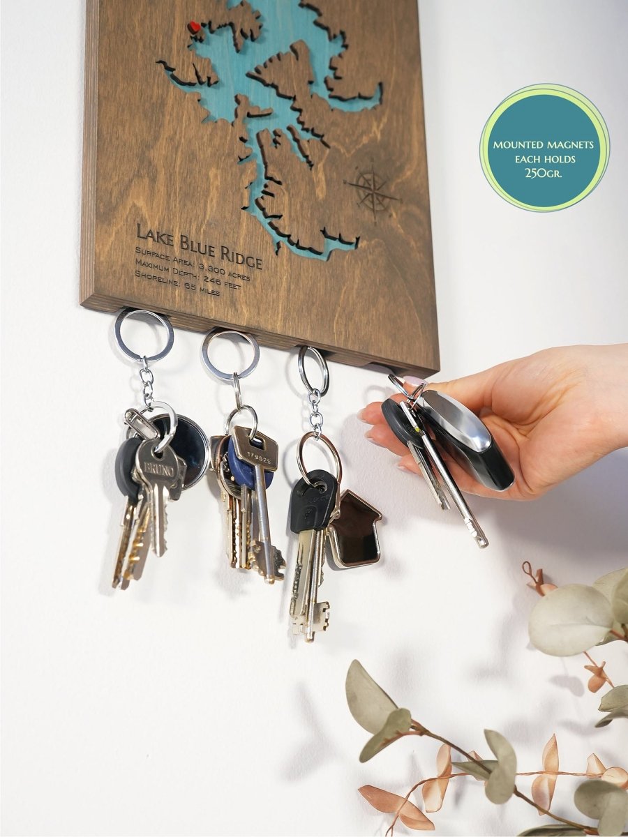 Wooden Lake Map Keyholder for Wall